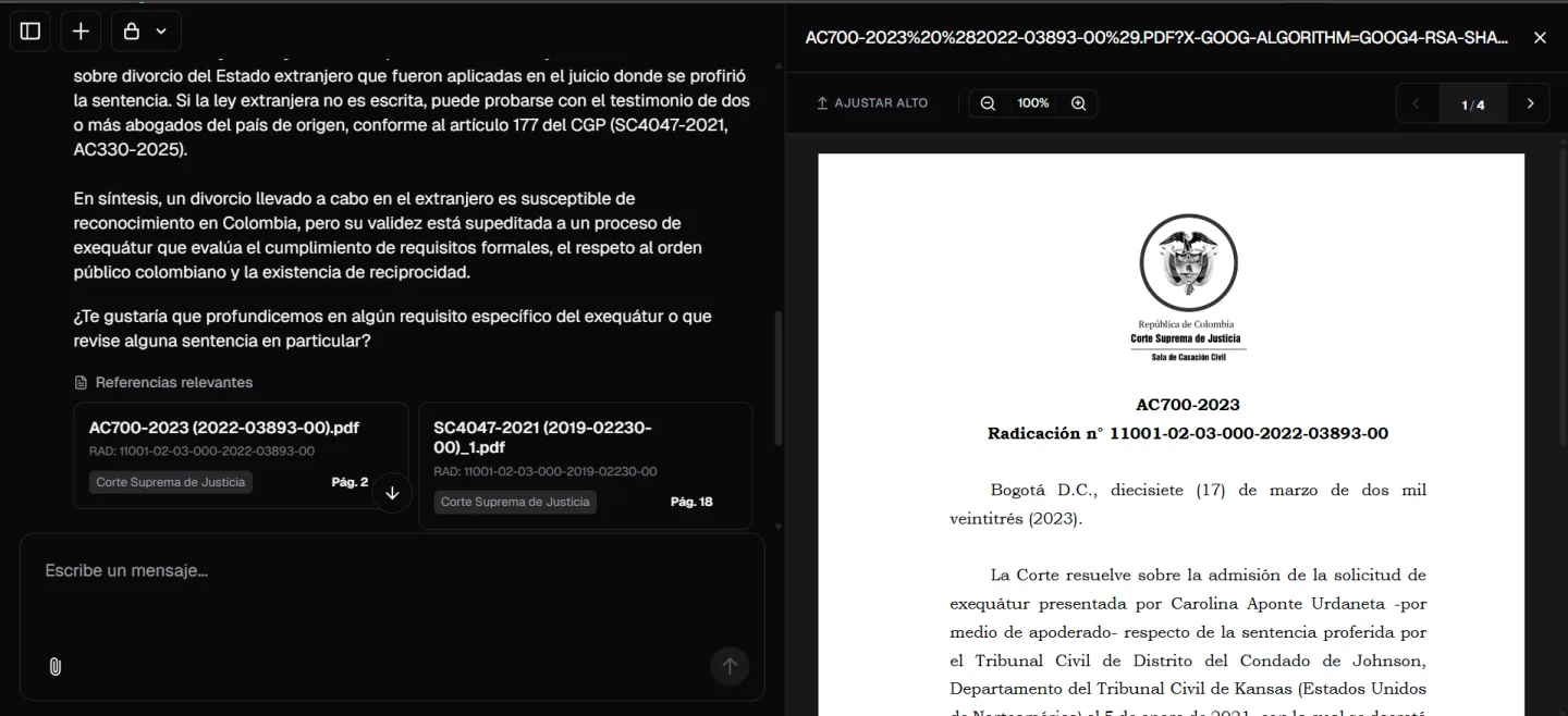 LegisIA respondiendo una consulta jurídica con la sentencia original de la Corte Suprema abierta al lado